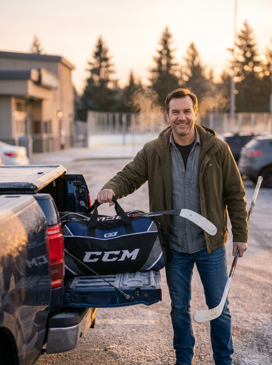 Hockey dad pulling his bag and stick from a pickup at sunrise
