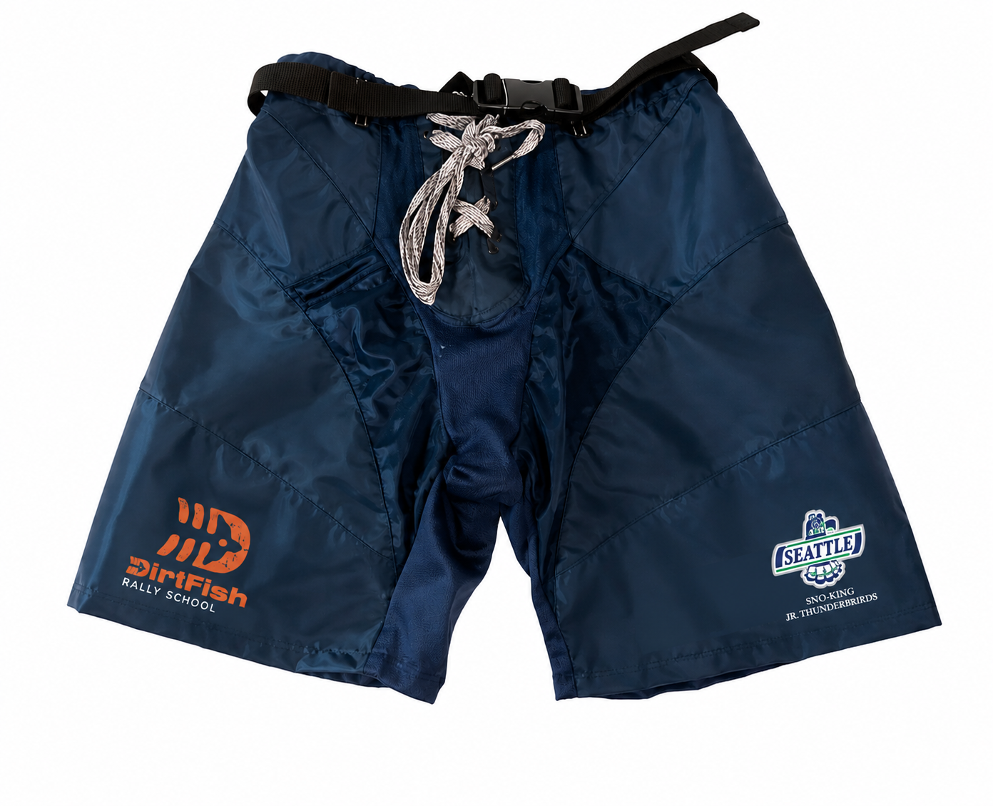 Sno-King Jr. Thunderbirds hockey shorts with DirtFish Rally School logo on the leg